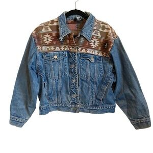 Vintage Nadia‎ Denim Jacket Tapestry Aztec Southwestern Style Jean Jacket